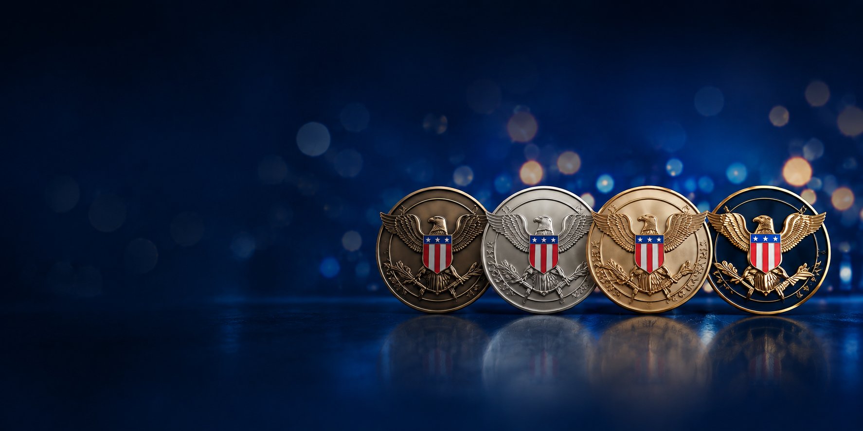 A row of gold, silver and bronze medals bearing the presidential seal, representing the Council's awards and recognition programmes
