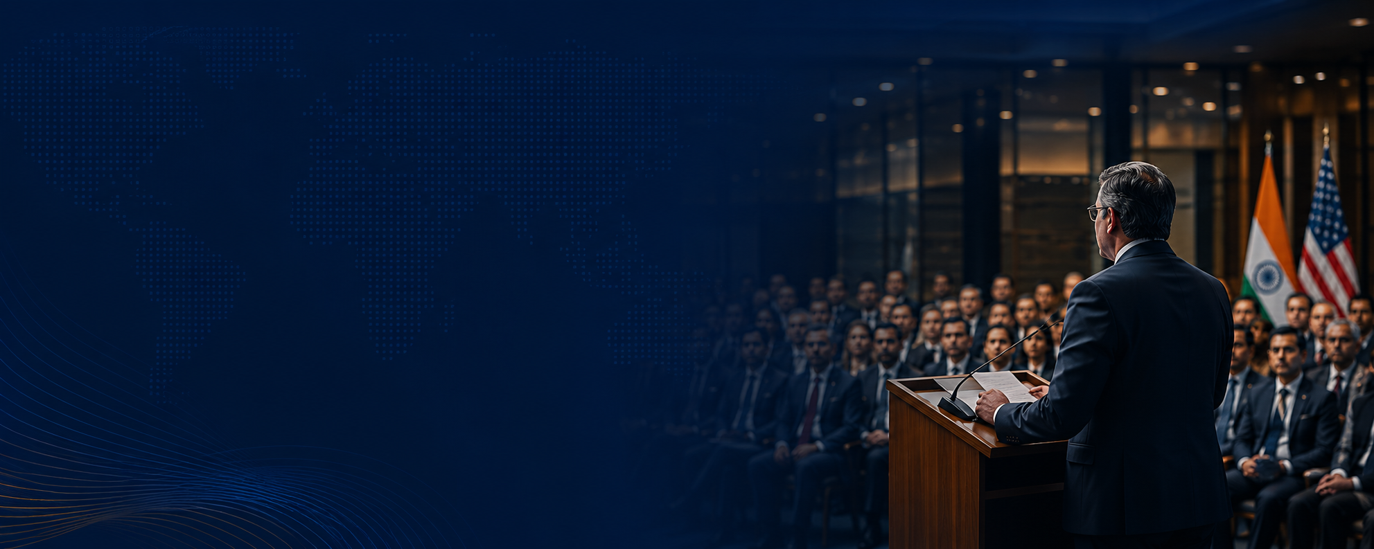 U.S. India SME Council leader addressing members, with U.S. and Indian flags