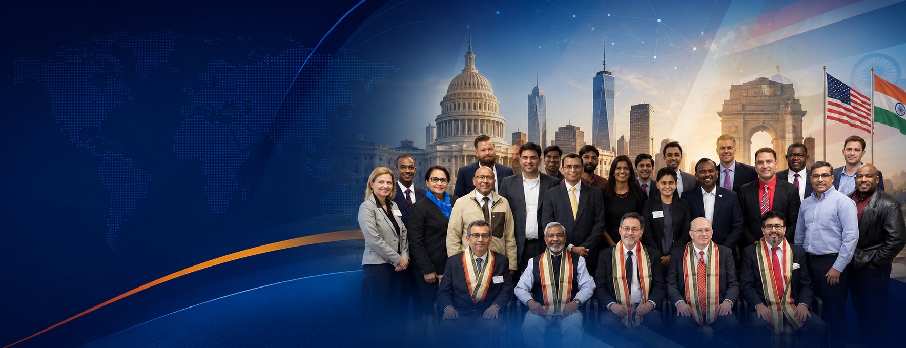 U.S. and Indian Council members and partners gathered together, with the U.S. Capitol, New York skyline, India Gate, and both nations' flags in the background